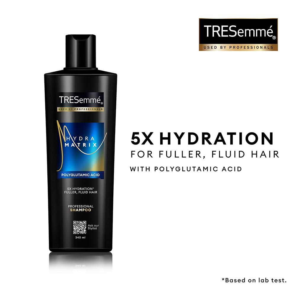 TRESemme Hydra Matrix Hydrating Shampoo 340ml with Polyglutamic Acid for 100H of Fluid Hair | Paraben Free Shampoo for Dry Hair & Scalp | Hard Water Detox 340 m