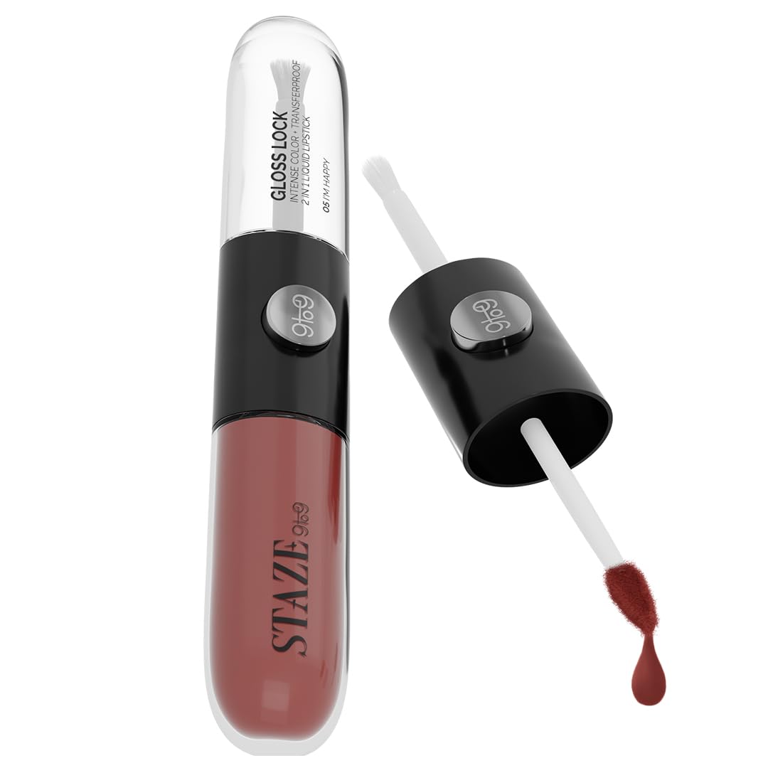 Staze Gloss Lock 2-in-1 Liquid Lipstick Matte Lipstick + High-Shine Transferproof Gloss 12H Long-lasting Intense Pigment Lightweight & Waterproof 05 I'm Happy 7g