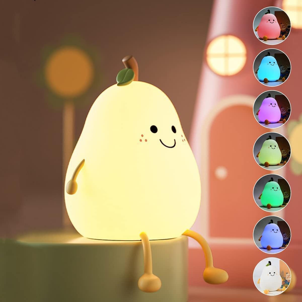 Carftisha Rechargeable Silicone Pear Night Lamp Touch Control Color Changing LED Light 7color for Kids' Bedroom Decor and Ideal Baby Gift (Multicolor)