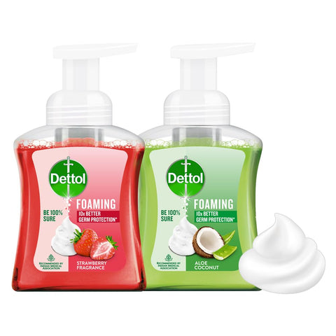 Dettol Foaming Handwash Pump Combo, Aloe Coconut & Strawberry (2 x 250ml) | Rich Foam | Moisturizing Hand Wash | Soft on Hands