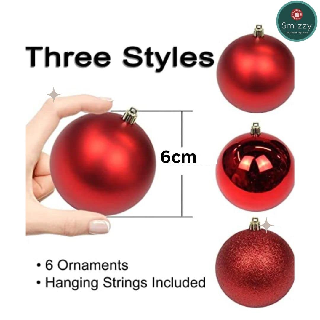 Smizzy Christmas Decorations Big Ball Ornaments (7 cm Diameter, Pack of 6, Red) 3 Different Patterns Tree Balls Decoration| Baubles Hanging Loop for Xmas Holida