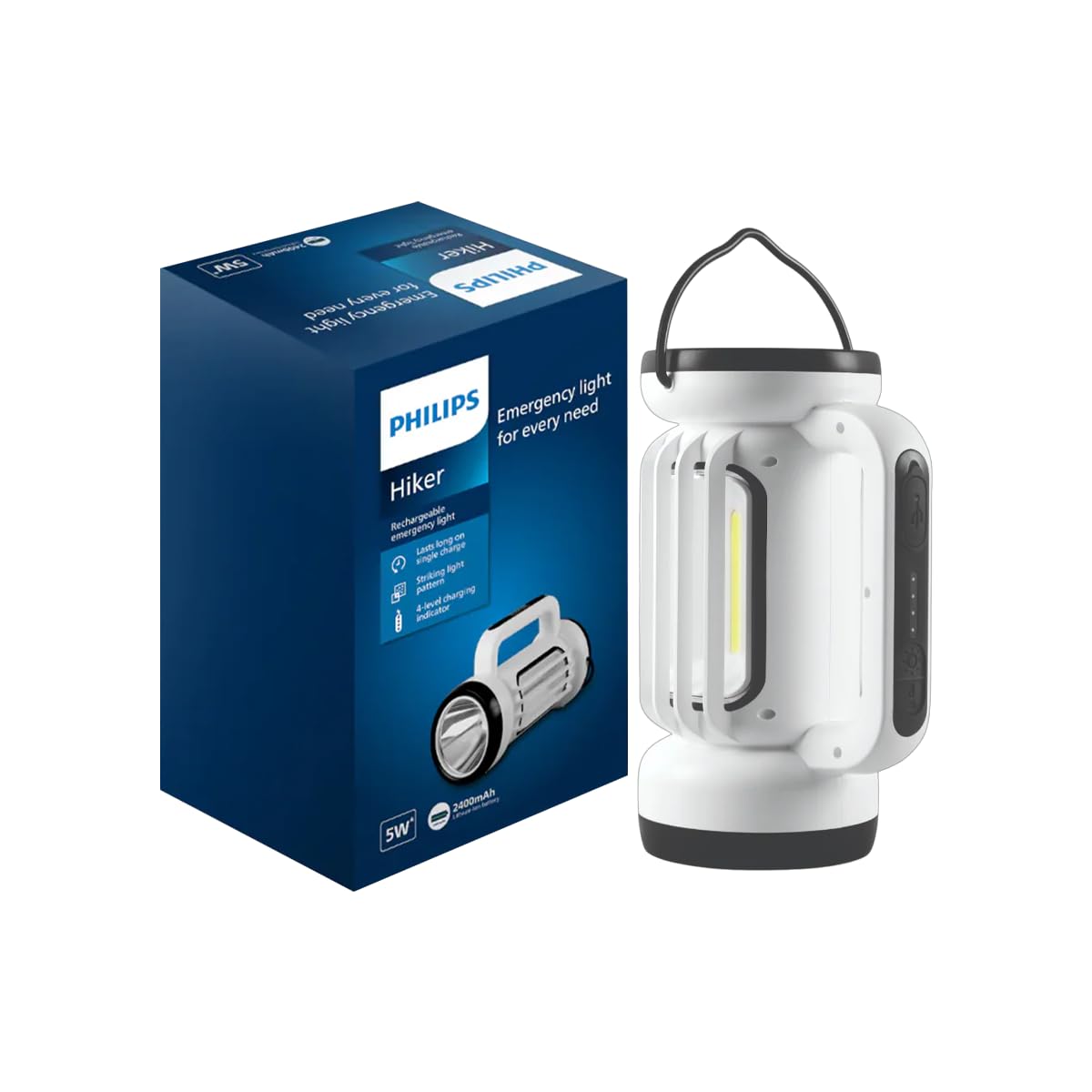 PHILIPS Hiker 5W Rechargeable Emergency Light | Long Lasting with 2400 mAh Battery and 6 Hours Backup | 3 Main Modes, 2 Side Modes and Stepless Dimming Feature