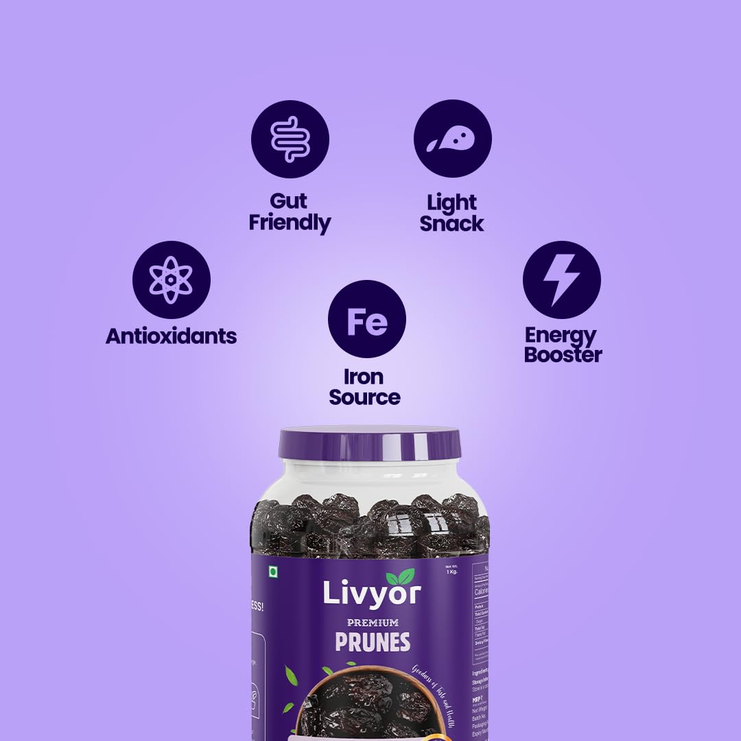 Livyor Premium Pitted Prunes for eating - 1kg | Healthy Snack | Seedless | Dried Plums | Source of Fibre | High in Vitamins | Rich in Pottasium | Pack of 1