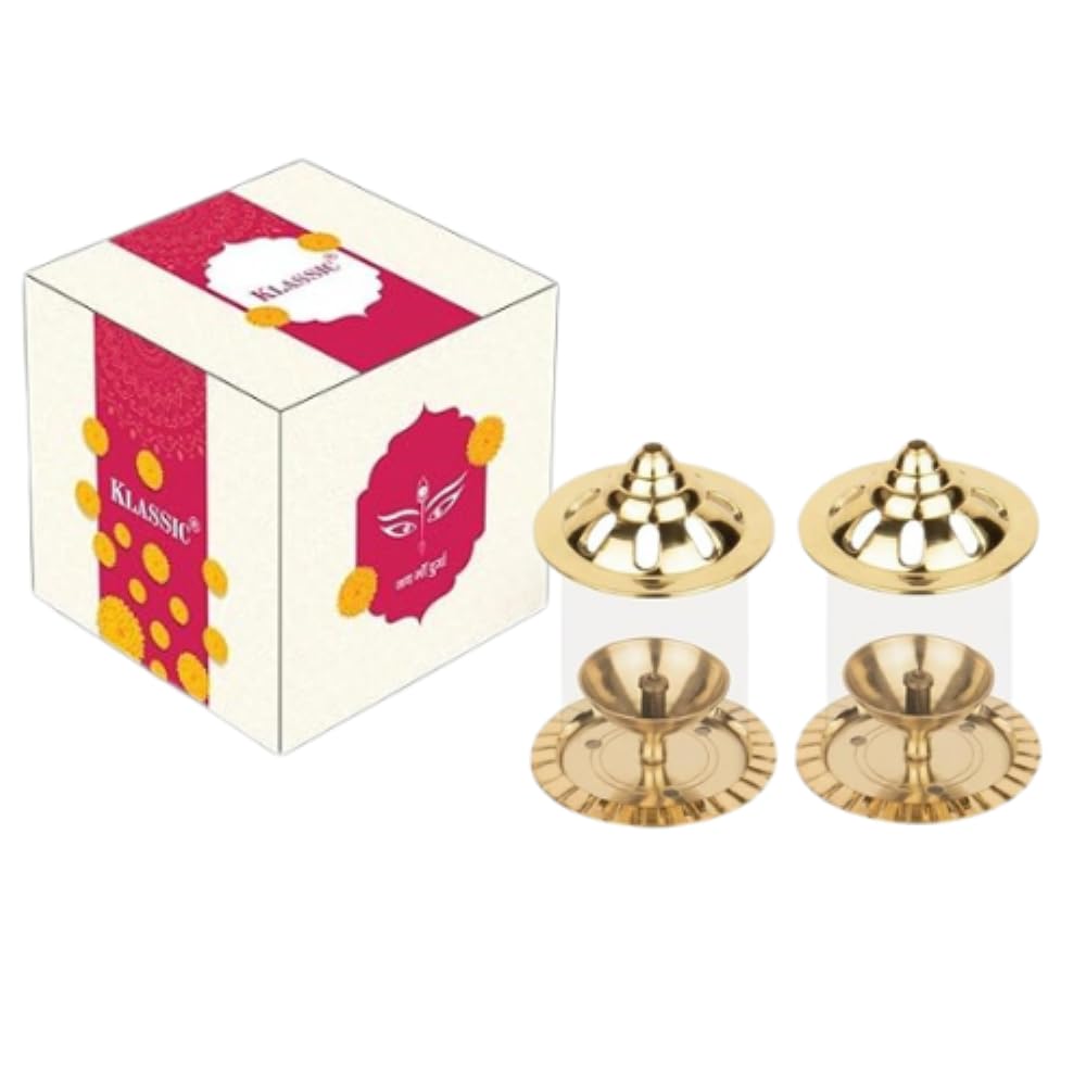 Klassic Navjyoti 4 Inch Akhand Diya Set with Borosilicate Glass Shade | Brass Oil Lamp for Mandir & Pooja | Decorative Diya with Glass Cover,Wick Holder for Poo
