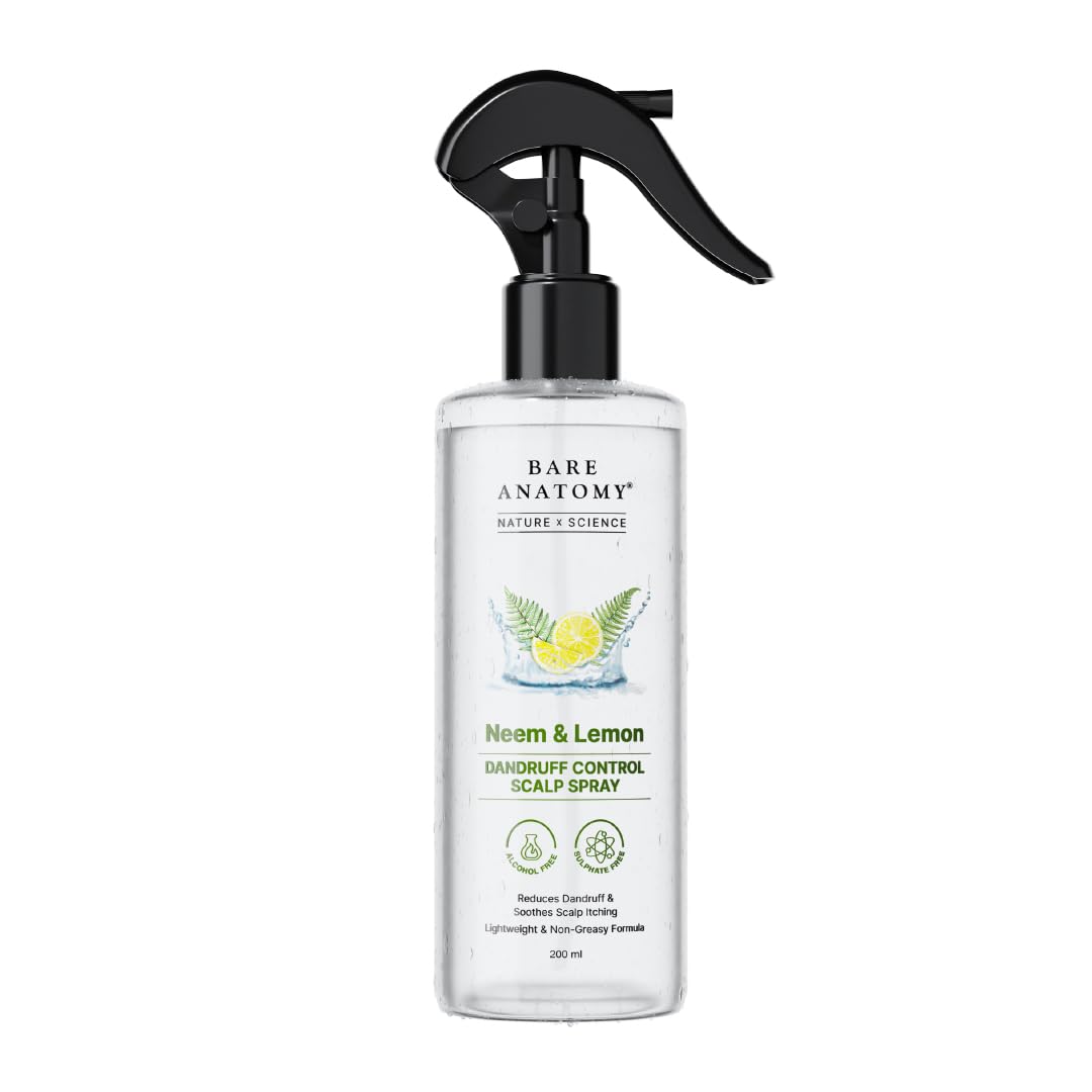 Bare Anatomy Nature x Science Dandruff Control Scalp Spray for Dandruff & Flake Reduction with Neem Leaf, Lemon & Tea Tree Extract | Lightweight & Non-Sticky Formula | Refreshes & Soothe Scalp | 200ml