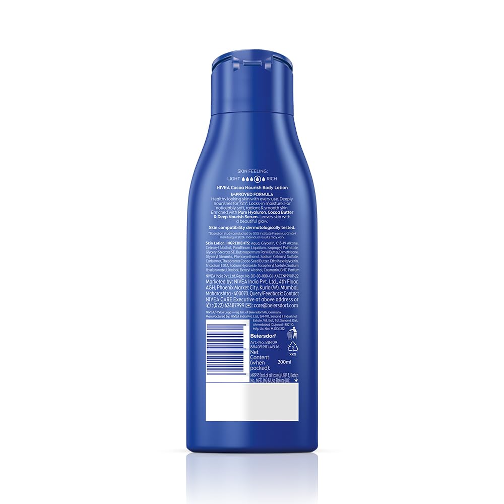 NIVEA Cocoa Nourish 200ml Body Lotion with Deep Moisture Serum| 48 H Moisturization | With Cocoa Butter & Coconut Oil | Non Greasy & Healthy Looking Skin |For V