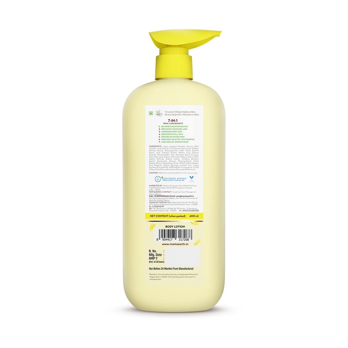 Mamaearth Vitamin C Daily Glow Body Lotion For Skin Brightening with Vitamin C & Honey 400ml|Nourishes Dry Skin|48 H Moisturization| 100% Natural Butter | Non-G