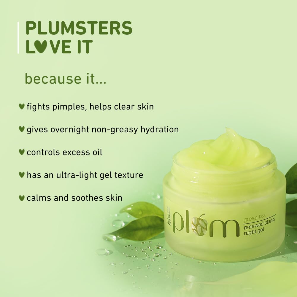 Plum Green Tea Renewed Clarity Night Gel with Glycolic acid |Hydrates Skin & Fights Acne | Night Cream For Women | Lightweight & Quick absorbing Overnight Repai