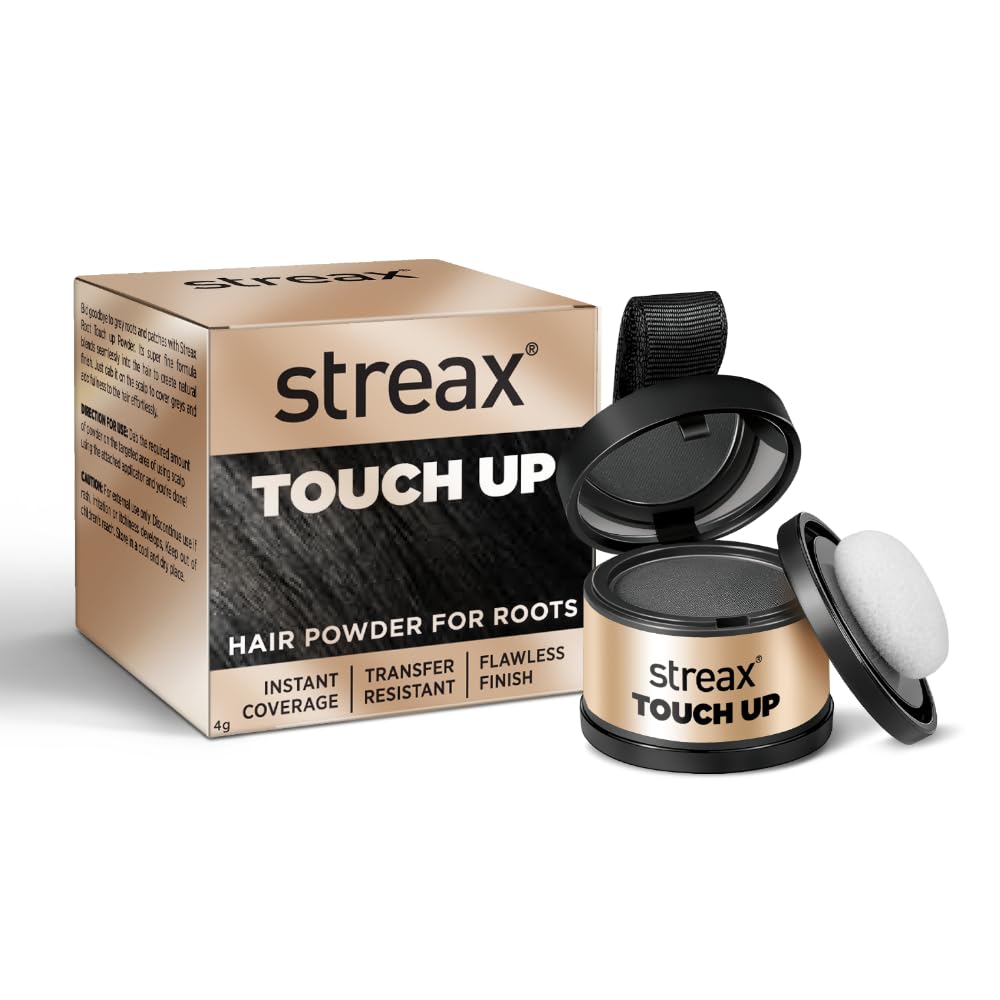 Streax Hair Root Touch Up for Grey Hair, Black – 4gm | Hair Cover Up Powder I Covers Grey Hair & Bald Patches | Instant Hair Colour Touch Up, Beard touch up for