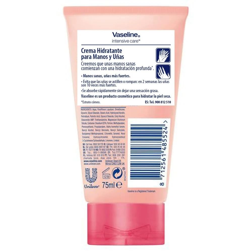 Vaseline Healthy Hands Stronger Nails Hand Cream 75ML – Keratin Enriched Intensive Care Moisturizer for Dry Hands & Nail Strengthening