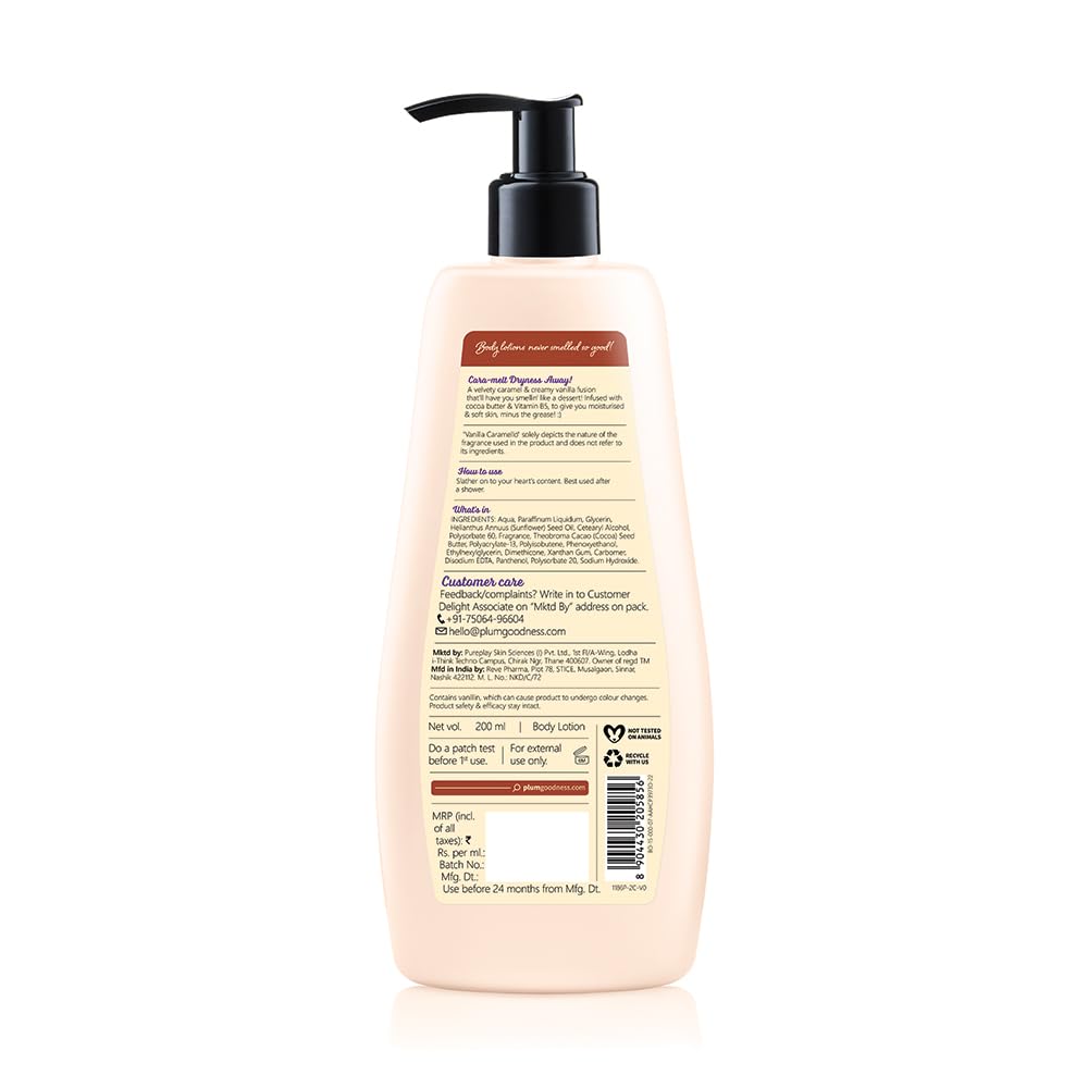 Plum BodyLovin' Vanilla Caramello Body Lotion | Cocoa Butter & Vitamin B5 for Deep Moisturization | Non-Greasy | Soft & Glowing Skin | for Dry to Very Dry Skin | Warm & Cozy Vanilla Fragrance – 200ml