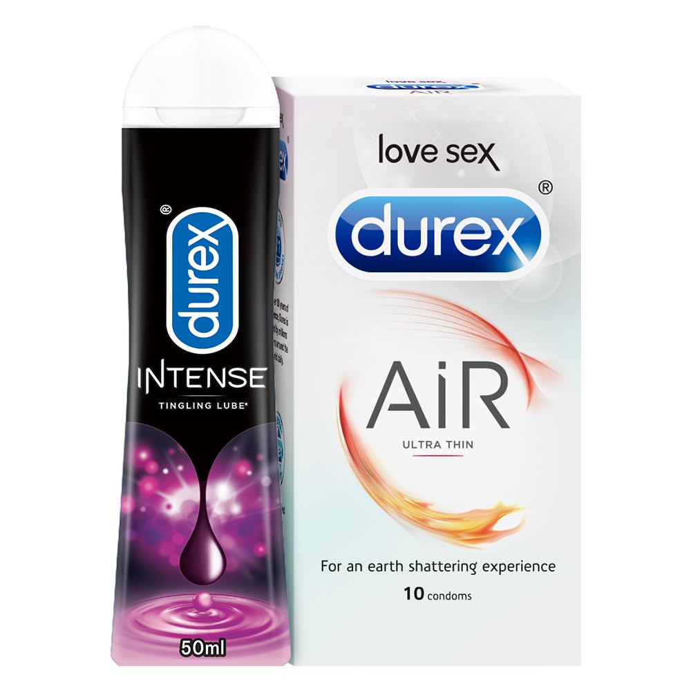 Durex Air Condoms for Men - 10 Count with Durex Lube Intense Lubricant Gel for Men & Women - 50ml | Water based lube |Suitable for use with toys Tingle 50ml Tin