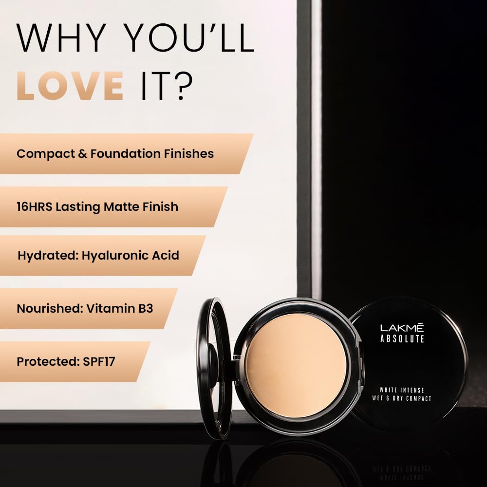 Lakme Absolute White Intense Wet & Dry Compact, Ivory Fair 01, 9 g Classic Ivory 9 g (Pack of 1)