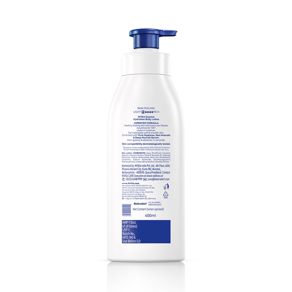 NIVEA Express Hydration Body Lotion, 400ml | 72 H Moisturization & Hydration for Summer | Goodness of Sea Minerals & Deep Moisture Serum | Non Greasy & Healthy