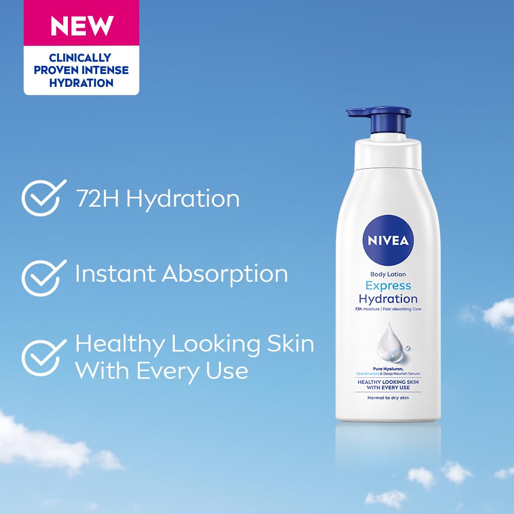 NIVEA Express Hydration Body Lotion, 400ml | 72 H Moisturization & Hydration for Summer | Goodness of Sea Minerals & Deep Moisture Serum | Non Greasy & Healthy