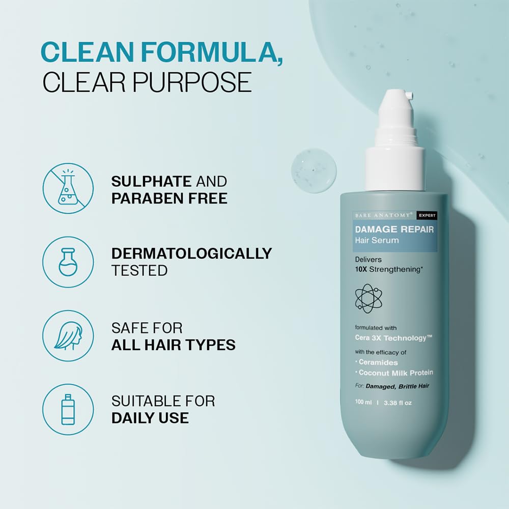 Bare Anatomy Damage Repair Hair Serum, Powered by Cera3x Technology Delivers 3x Hair Strengthening, Serum for Smoothing for Dry and Frizzy Hair, 100ml