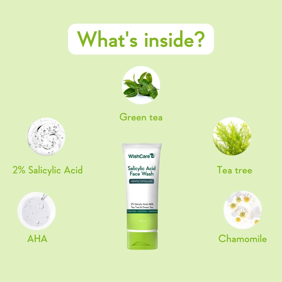WishCare Salicylic Face Wash with AHA, Green Tea, Chamomile & Tea Tree – Gentle Cleanser for Oily Skin, 100ml
