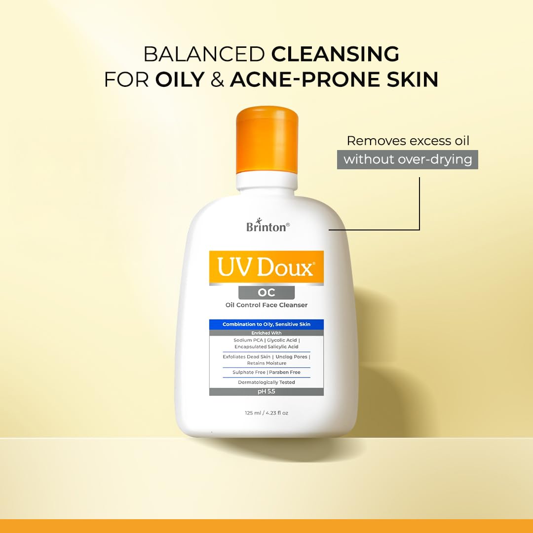 Brinton UV Doux OC Face Cleanser for Oily & Acne-Prone Skin | With Encapsulated Salicylic Acid, Glycolic Acid & Sodium PCA | Unclogs Pores, Controls Oil & Impro