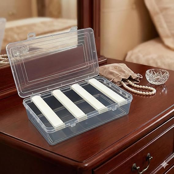 Bangle Storage Box with 4 Removable Rods, Clear Plastic Organizer, Multi-Compartment Jewelry Display Container, Stackable Design, Dust Protection, 32D x 16W x 9