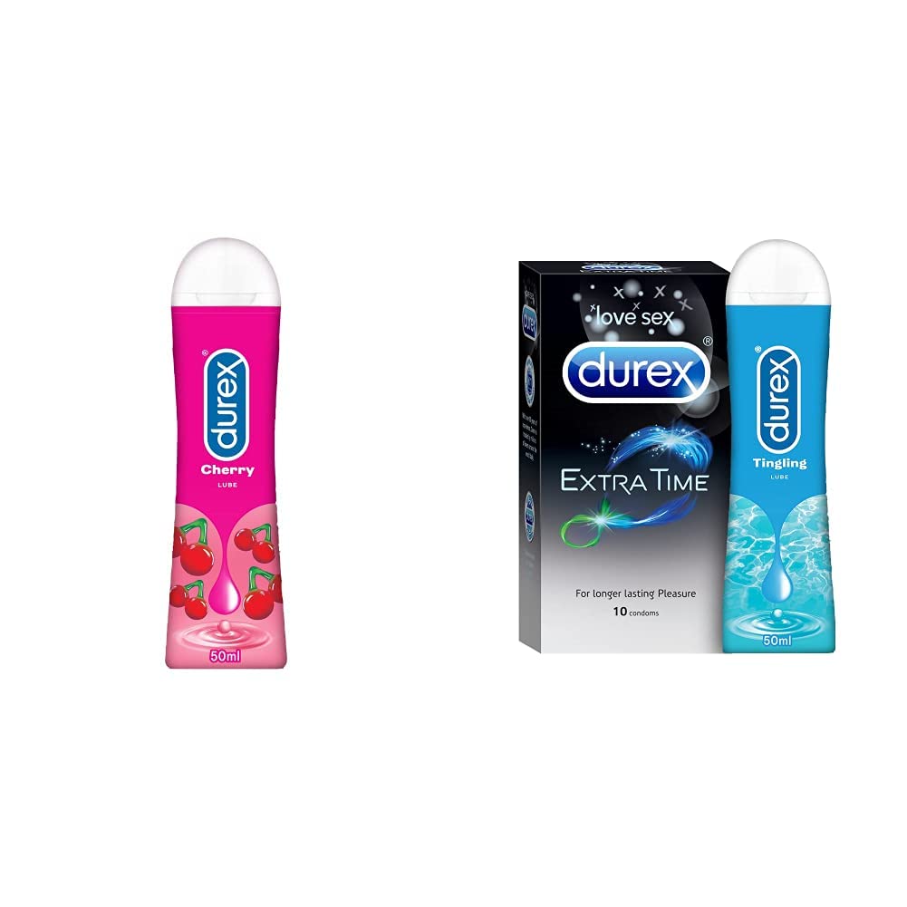 Durex Lube Cherry Flavoured Lubricant Gel - 50ml & Extra Time Condoms for Men - 10 Count with Durex Lube Tingling Lubricant Gel - 50ml |Water based lube|Perform