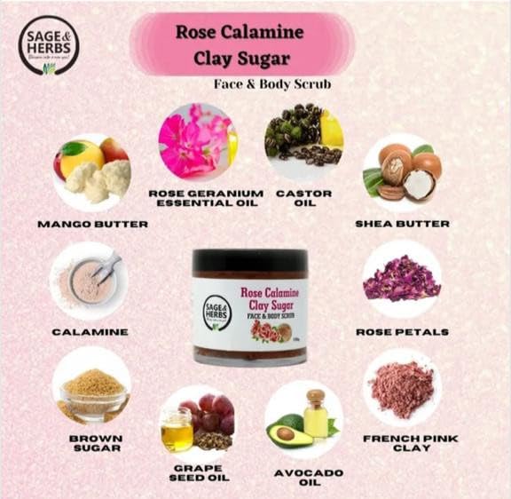 Sage & Herbs 100% Natural Exfoliating Rose Calamine Clay Sugar Face & Body Scrub | Rich in Vitamin C | Moisturizes for Instant Soft & Smooth Skin | Removes Dead