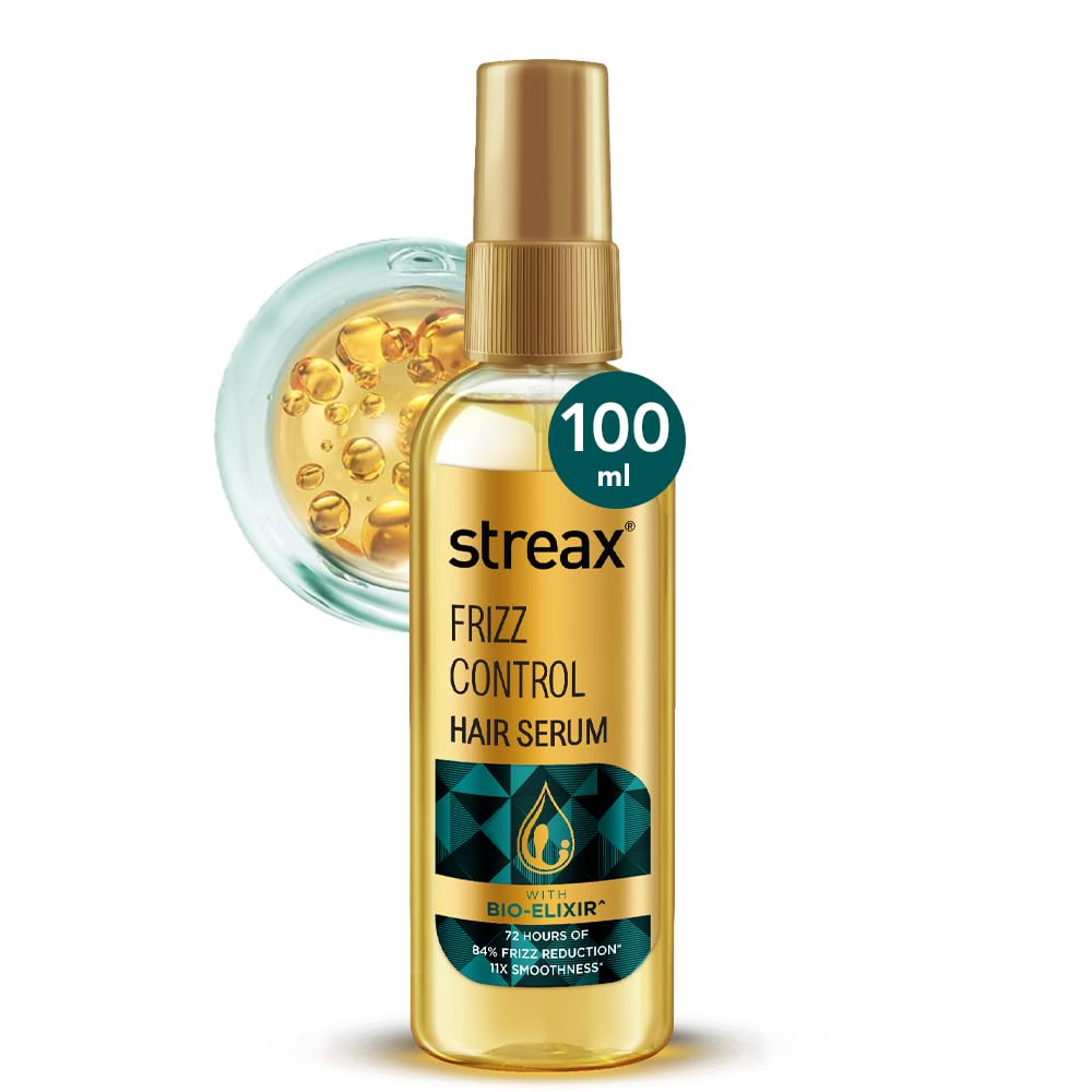 Streax Frizz Control Hair Serum for Dry Frizzy Hair- 100 ml, 72hrs Frizz Free Hair, For Women & Men, With Bio – Elixir, 84% Frizz Reduction & 11X smoothness 100