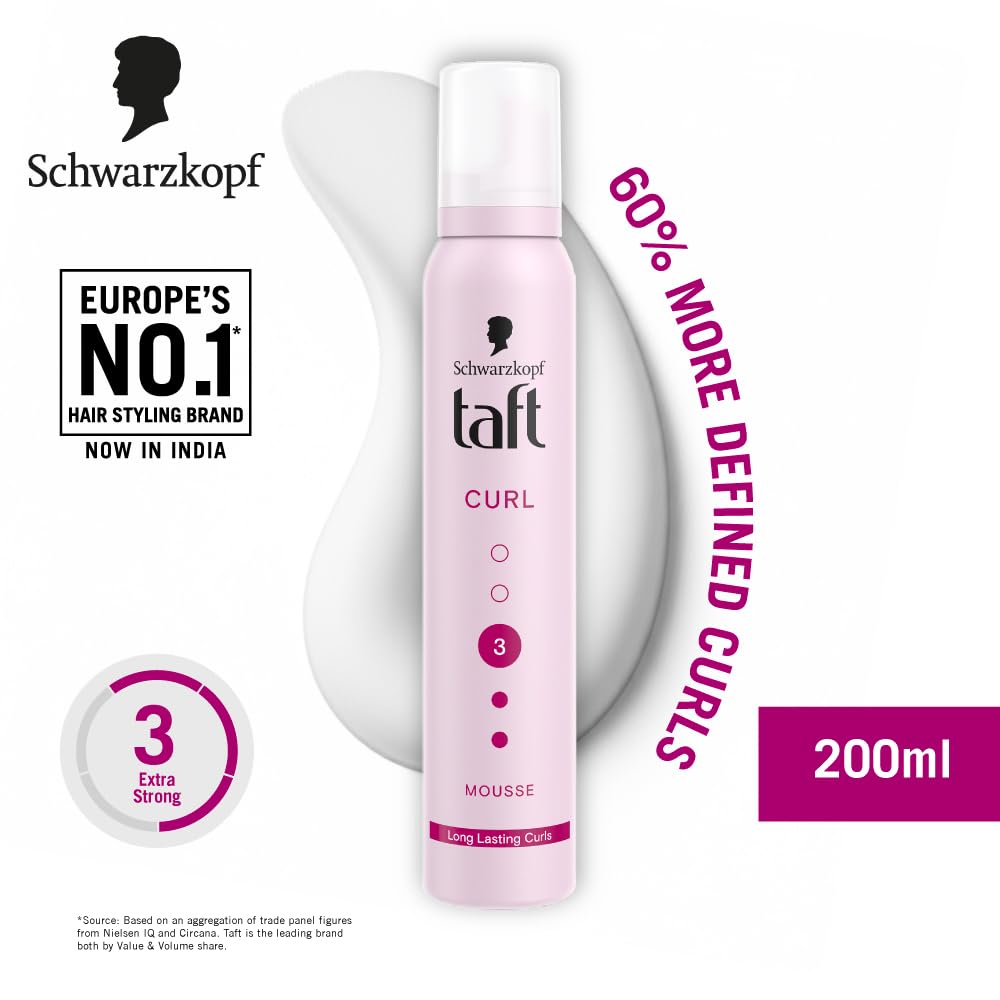 TAFT Schwarzkopf Curl Hold 3 Hair Mousse, For Long Lasting Curls, Weather-Proof Formula With No Stickiness, Heat Protection And Shine, Silicone Free, Lightweigh