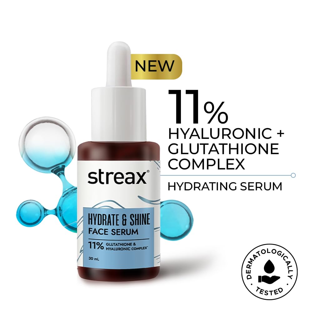 Streax Hydrate & Shine Face Serum, 30ml|11% Hyaluronic Acid|Serum for Glowing Skin |Instant Glow, Deep Hydration & Brightening in 3 Days|Glass Skin Finish|Clini