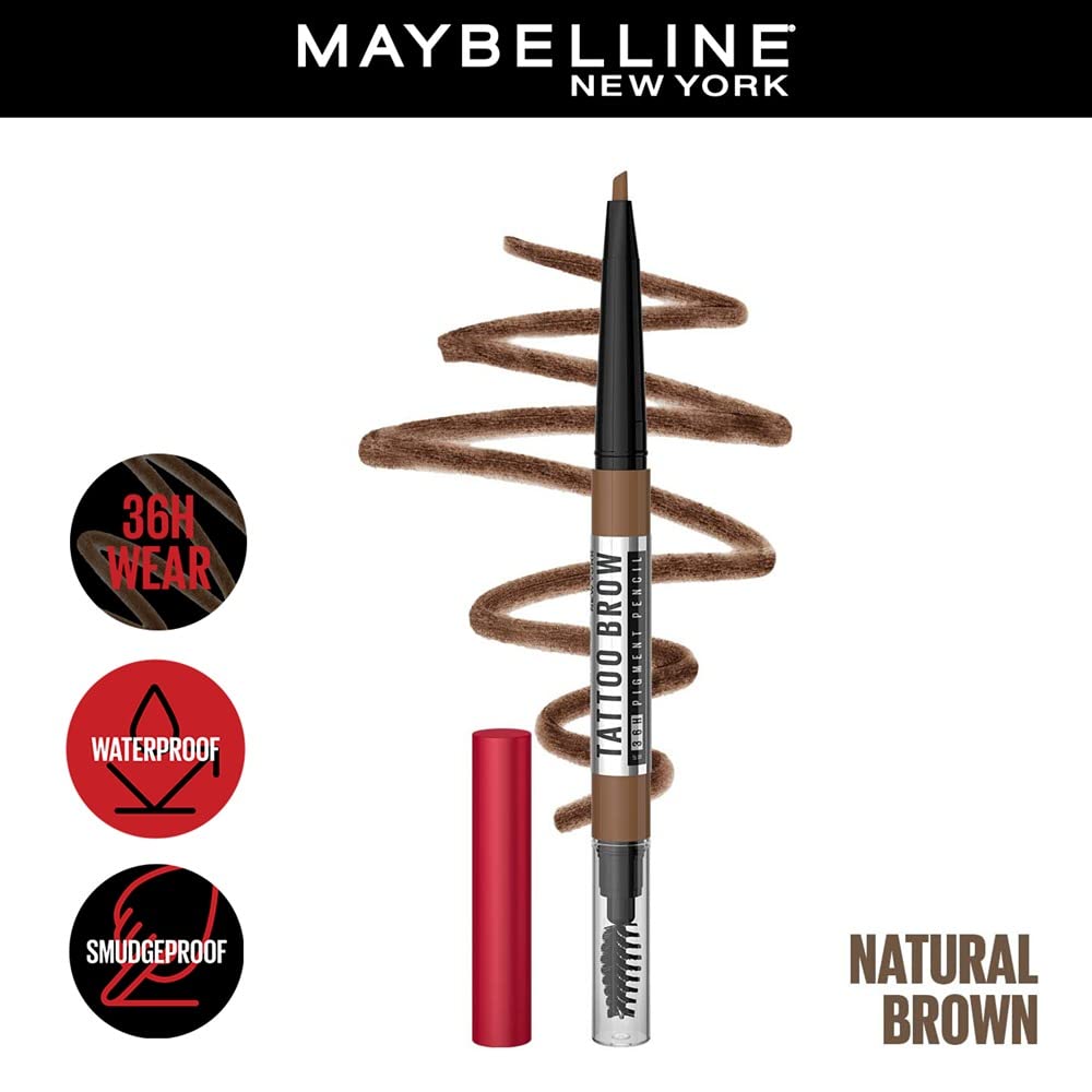 Maybelline Tattoo Brow 36 Hr Brow Pencil, Natural Brown | Waterproof Eyebrow Pencil with Precision Tip, 0.25gm