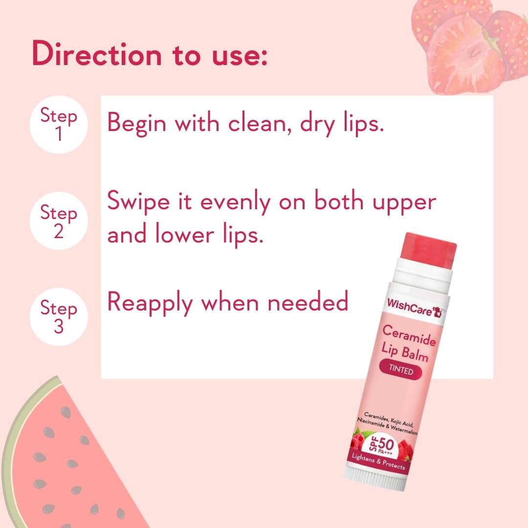 WishCare Tinted Lip Balm SPF 50 PA+++ | Brightening Lip Balm for Dark Lips | In-Vivo Tested | Kojic Acid & Niacinamide | For Women | 5g