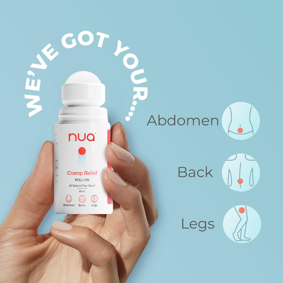 Cramp Relief Roll-On by Nua | Quick Relief | All Natural | For Abdomen, Back and Leg Pain | Absorbs Easily | Stain-free | Safe on Skin Pack of 1