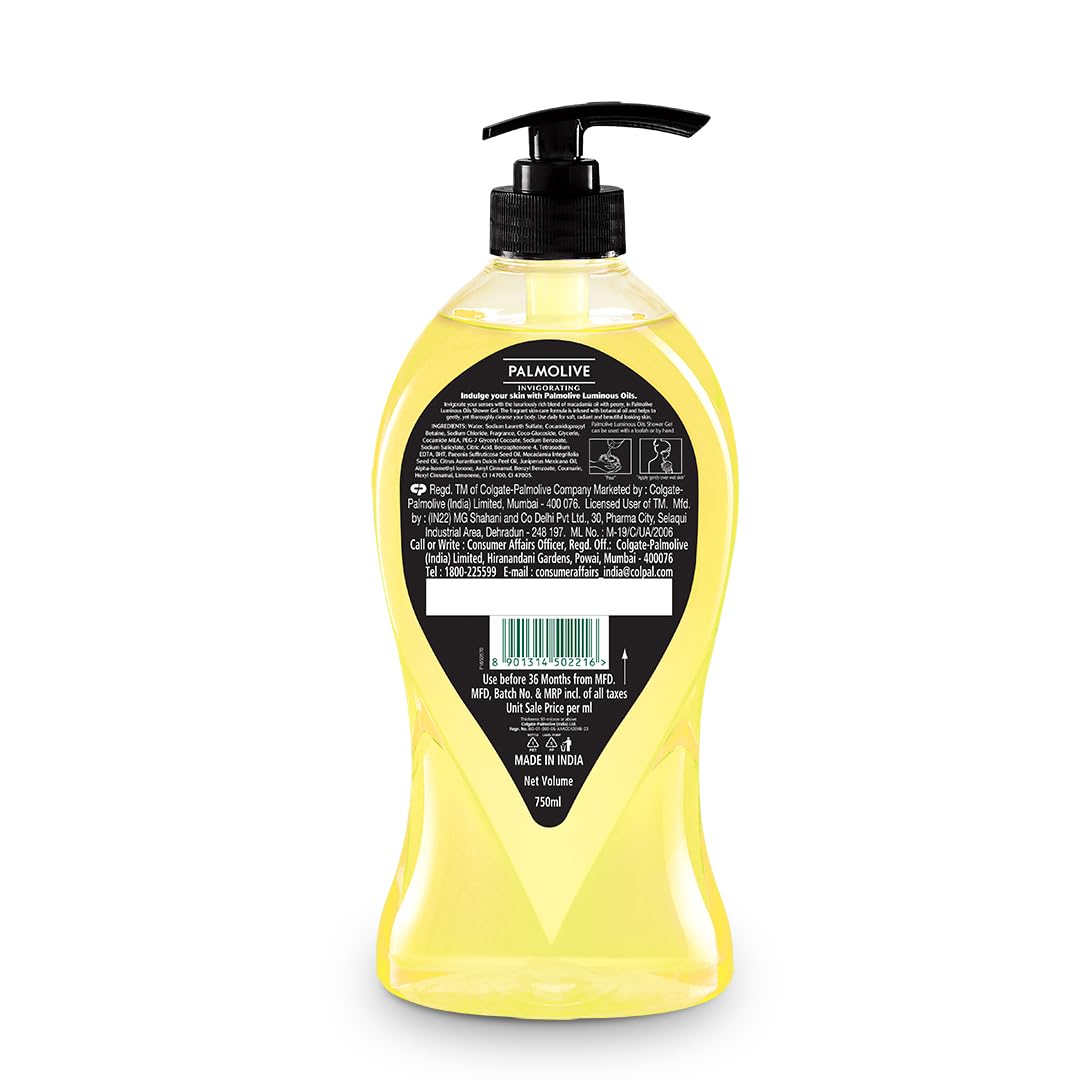 Palmolive Luminous Oil Invigorating Body Wash, 750ml Pump Bottle, 100% Natural Macadamia Oil & Peony Extracts For Everyday Freshness & Radiant Skin, PH Balanced