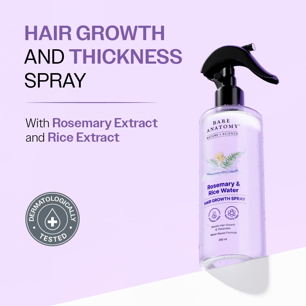 Bare Anatomy Nature x Science Rosemary Water Spray for Hair Growth & Hair Thickness with Rice Water | 100% Natural Extract | Soft & Smooth Hair | Controls Hairfall & Adds Shine | Non-Greasy & Fast Absorbing | 200 ml