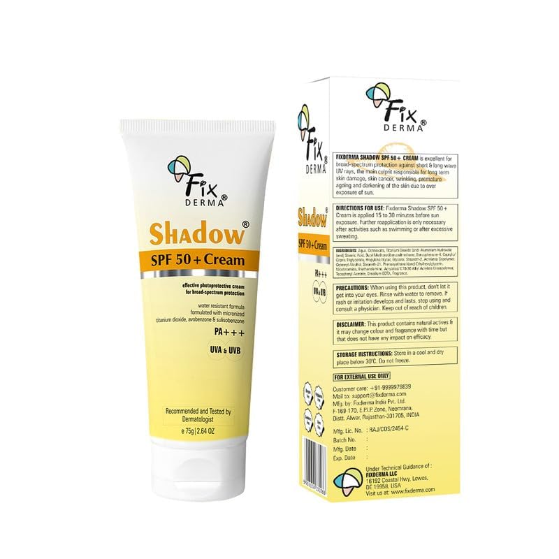 Fixderma Shadow Sunscreen SPF 50+ Cream PA+++ Dry Skin For Body & Face Broad Spectrum Sunscreen For UVA & UVB Protection Non Greasy & Water Resistant-75gm (Pack