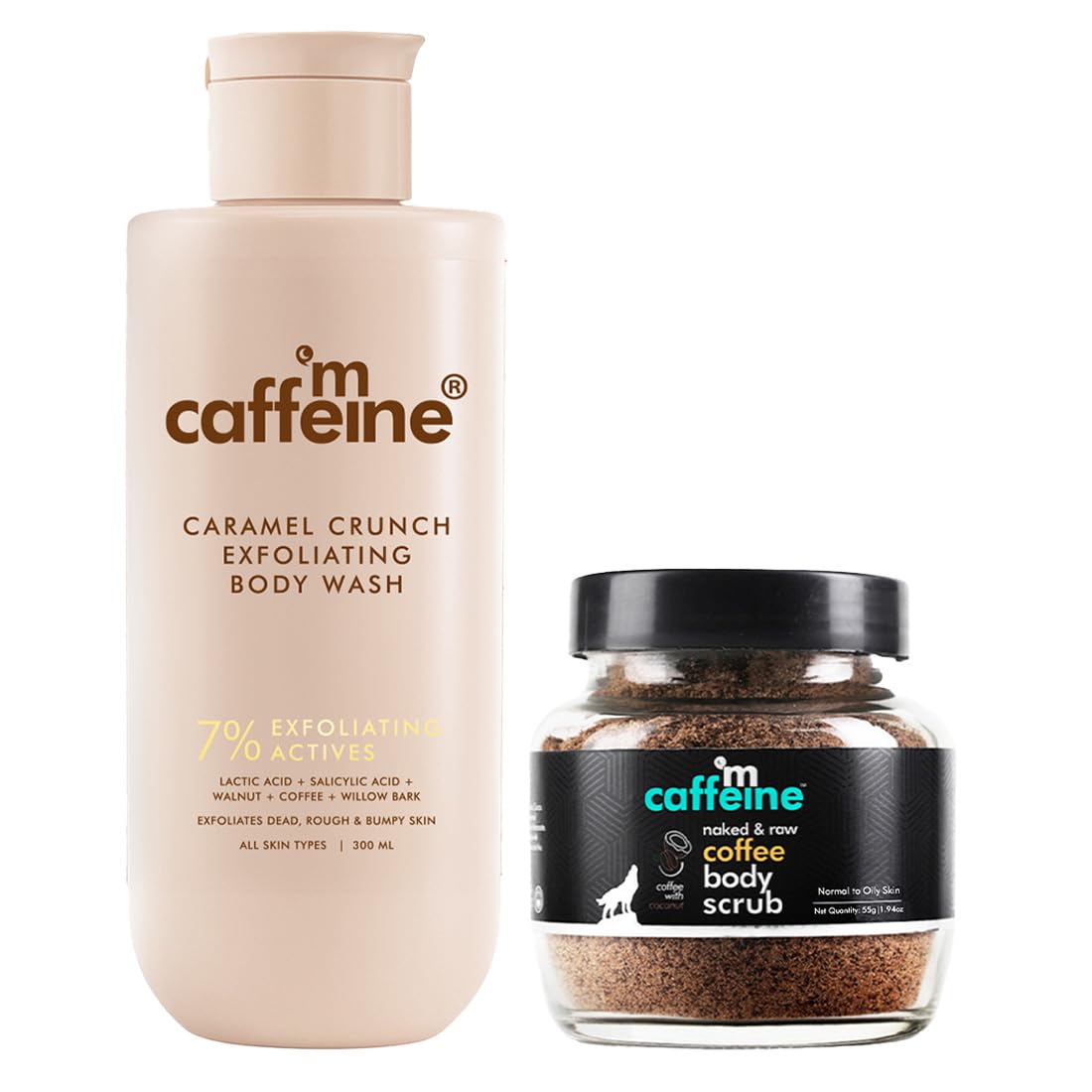 mCaffeine Deep Exfoliation Body Combo | Exfoliating Coffee Body Scrub Powder Jar for Tan Removal & Soft-Smooth Skin | 7% Exfoliating Body Wash | Reduces Body Ac