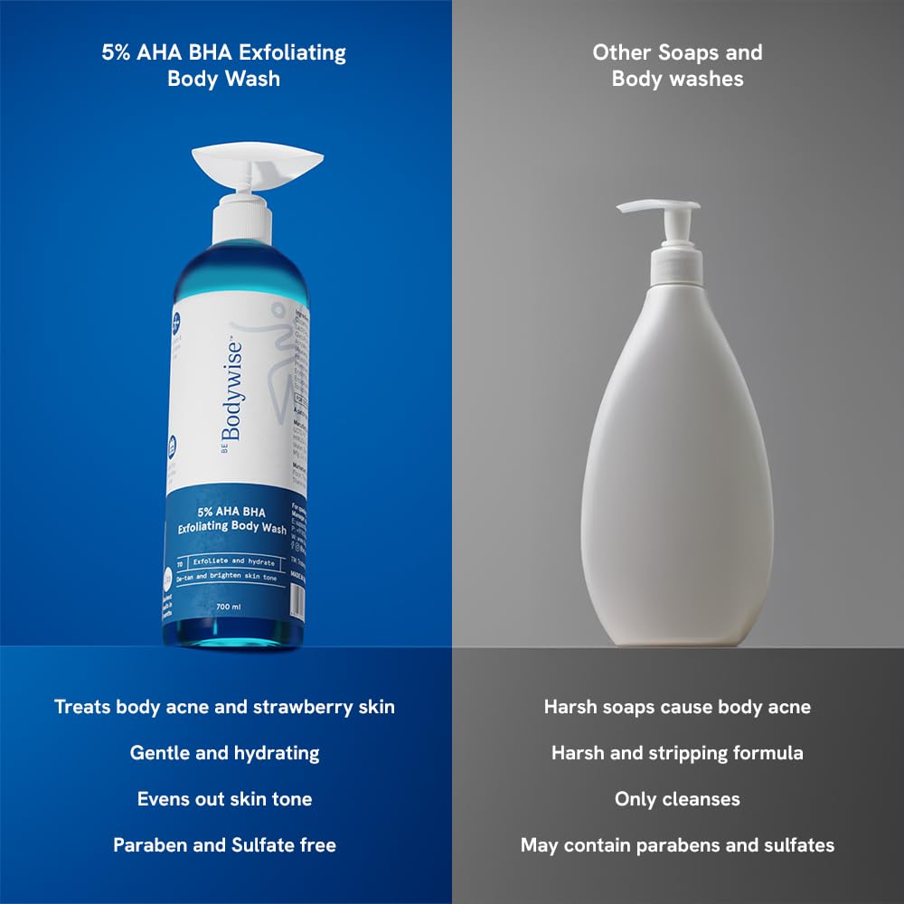 Be Bodywise 5% AHA BHA Exfoliating Detan Body Wash 700ml | For Body Acne, Strawberry Skin, De-Tan | Infused with 3% Lactic Acid, 1% Salicylic Acid, 1% Glycolic Acid | Non-Drying, Paraben Free