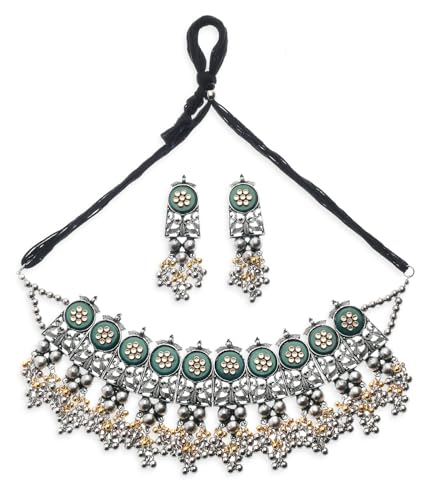 Handcrafted Oxidised Silver Tribal Choker Necklace Set for Women