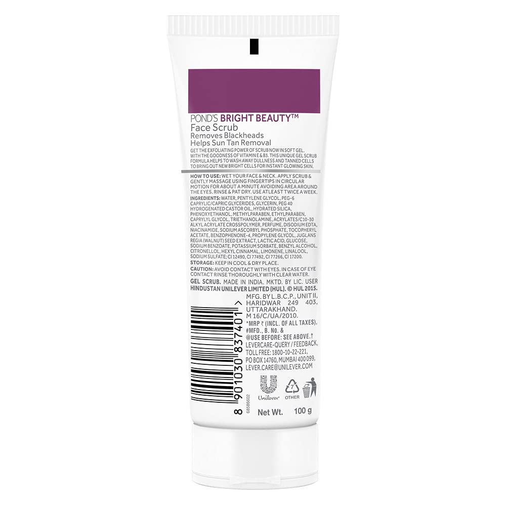 POND'S Bright Beauty Face Scrub, Deep Clean But Mild On Skin, Exfoliate, Remove Blackheads & Sun Tan, Gel Scrub, Bright Glowing Skin, 100 g 4.7 g (Pack of 1)
