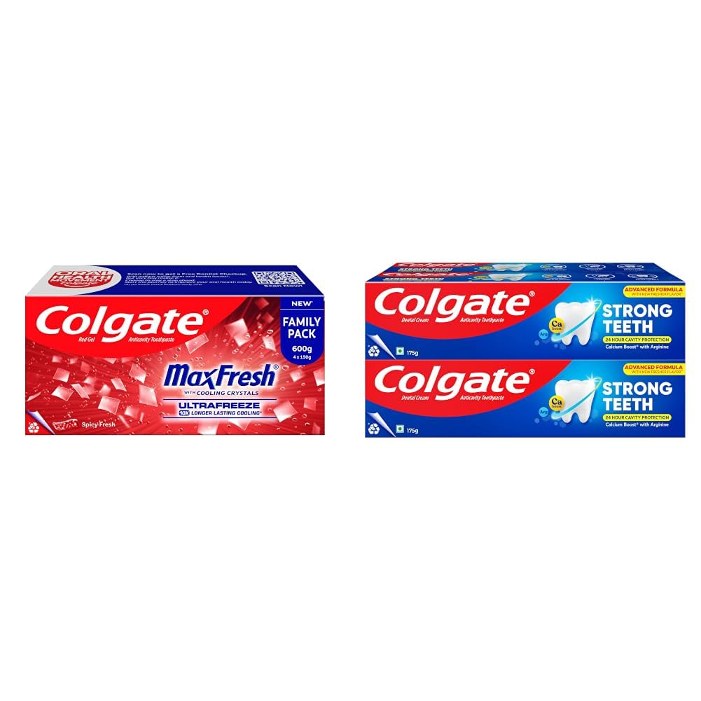 Colgate MaxFresh Toothpaste, Spicy Fresh Red Gel paste with Menthol for Super Fresh Breath, 600gm, Saver Pack & Strong Teeth Calcium-Boost Toothpaste, 700g (175