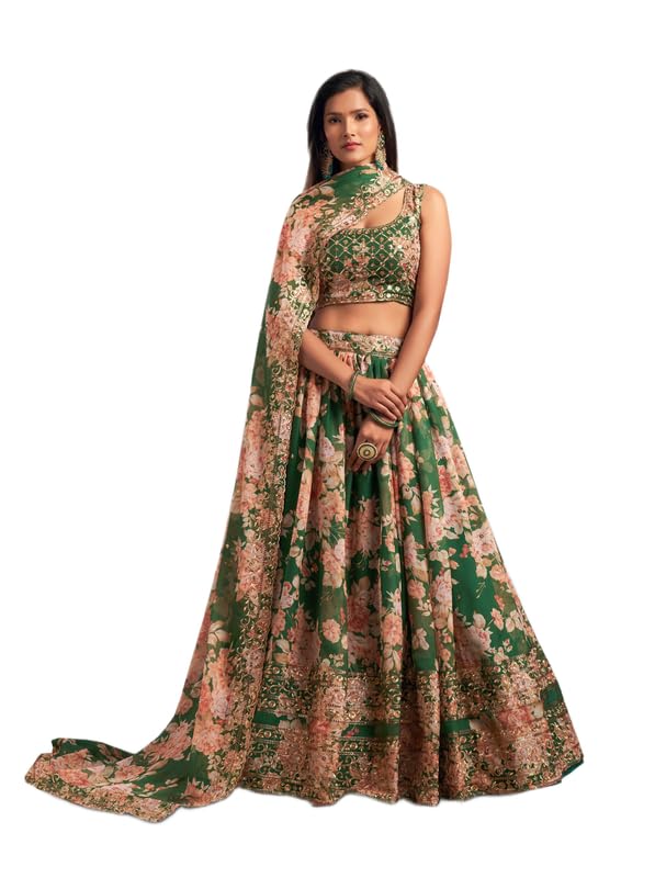 Fashion Dream Green Organza Sequence & Floral Embroidery Lehenga Choli | Heavy Festive Ghagra Choli Set