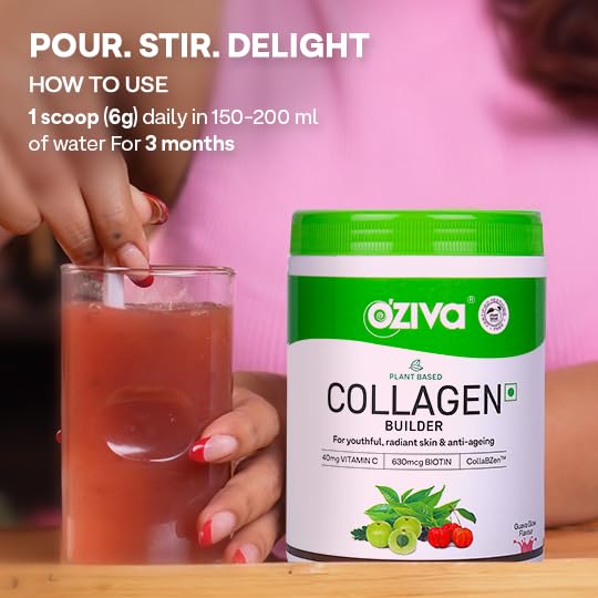 OZiva Vegan Collagen (Guava Glow) with Biotin & Vitamin C For Brighter & Youthful Skin 250g and OZiva Daily Protein Activ for Women 300g (Chocolate)
