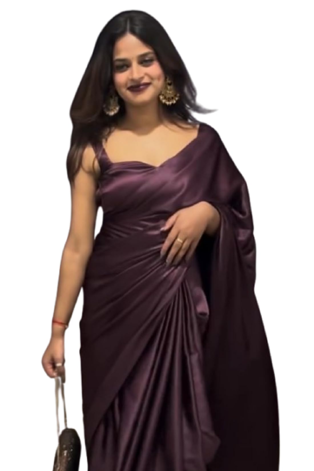 Women's Ready to Wear Plain Dark Wine Satin Silk One Minute Readymade Saree With Dark Wine Unstitched Blouse