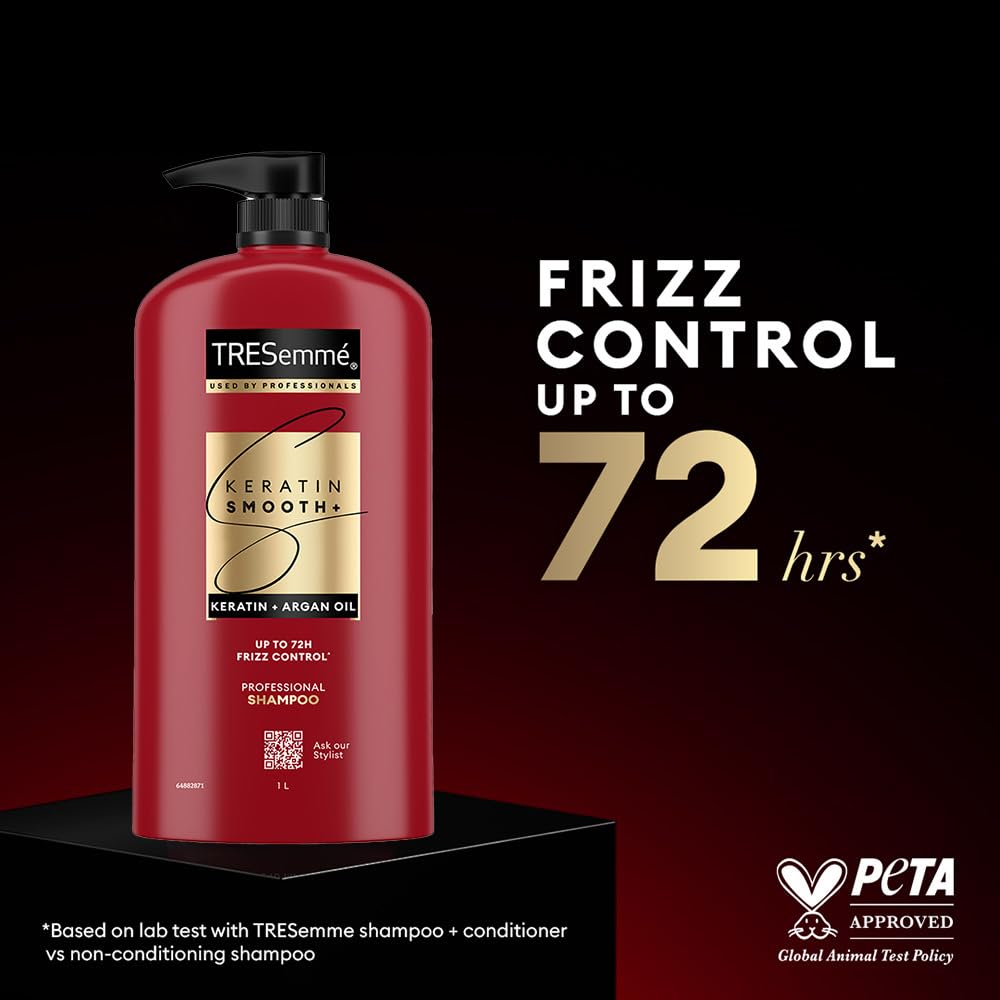 TRESemmé Keratin Smooth+ Shampoo 1000ml | 72H Frizz Control with Keratin Protein & Argan Oil | Paraben Free Smoothening Shampoo for Dry & Frizzy Hair