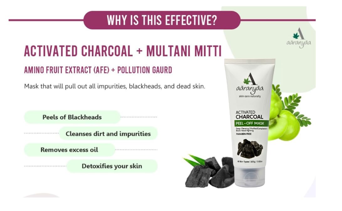 Aaranyaa Activated Charcoal Peel-Off Face Mask for Blackhead & Whitehead Removal | Deep Pore Cleansing & Pollution Guard with Multani Mitti, Amla, Turmeric & Mo