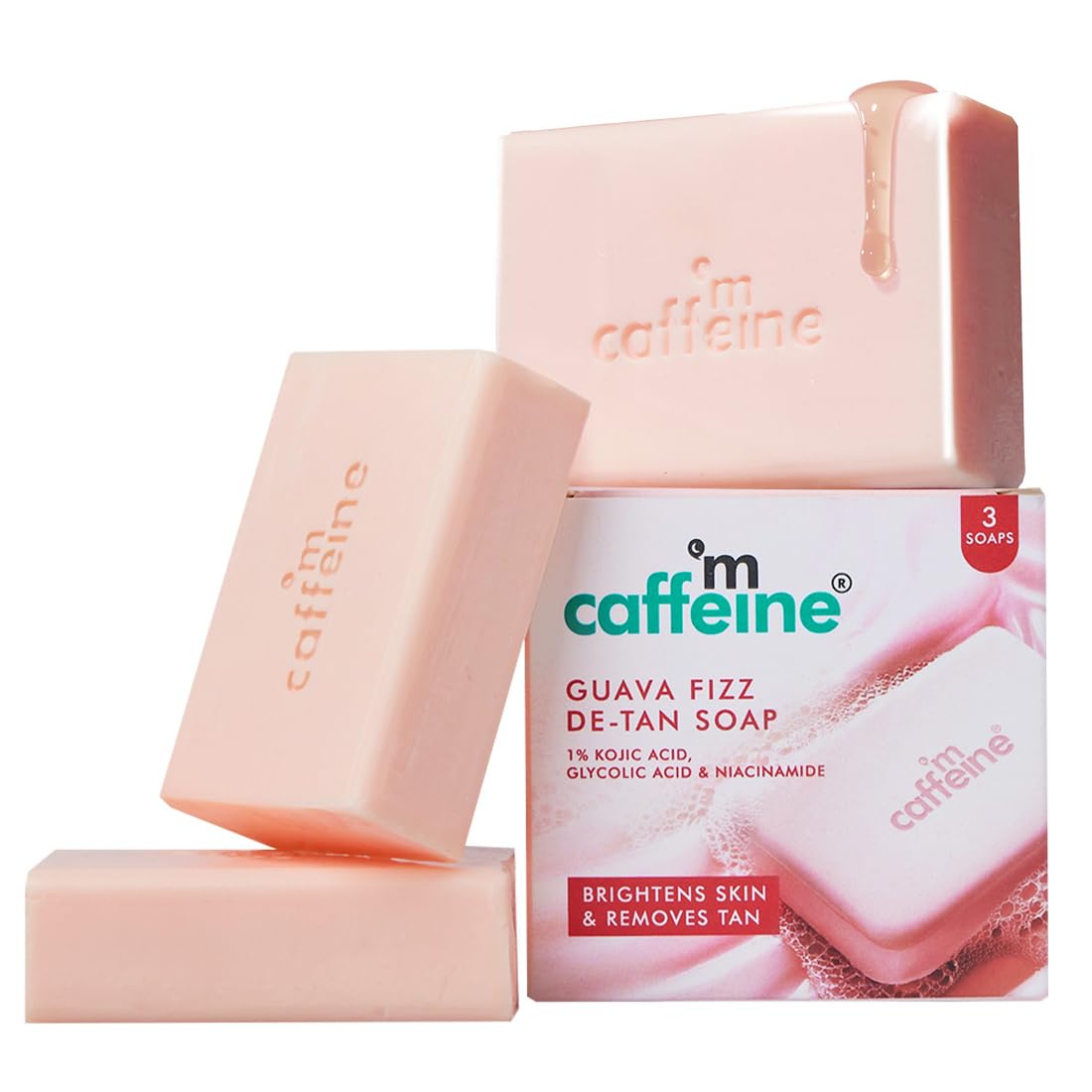 mCaffeine Brightening Tan Removal Soap - 1% Kojic Acid & Glutathione -Pack of 3x100g | Niacinamide, Glycolic Acid - Reduce Dark Spots | Tangy Guava Perfumed Bar