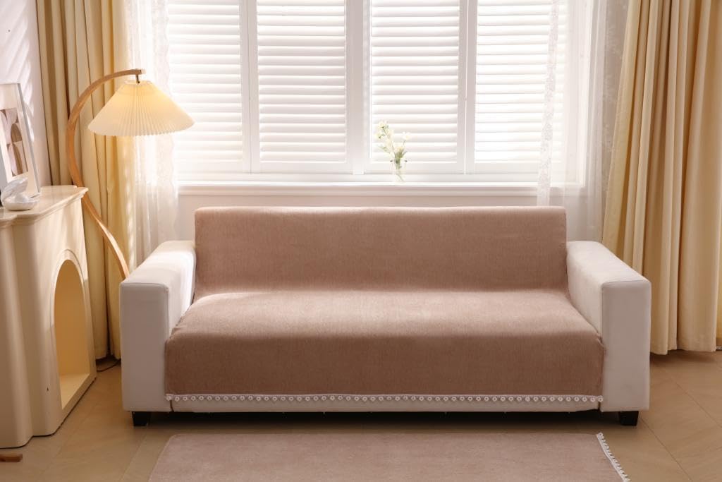 HOMETHREADS Chenille Fabric Sofa Cover, Luxury Soft Slipcover for Couch, Armchair & Loveseat, Thick Textured,Washable & Durable Sofa Cover (Beige, 3 Seater Smal