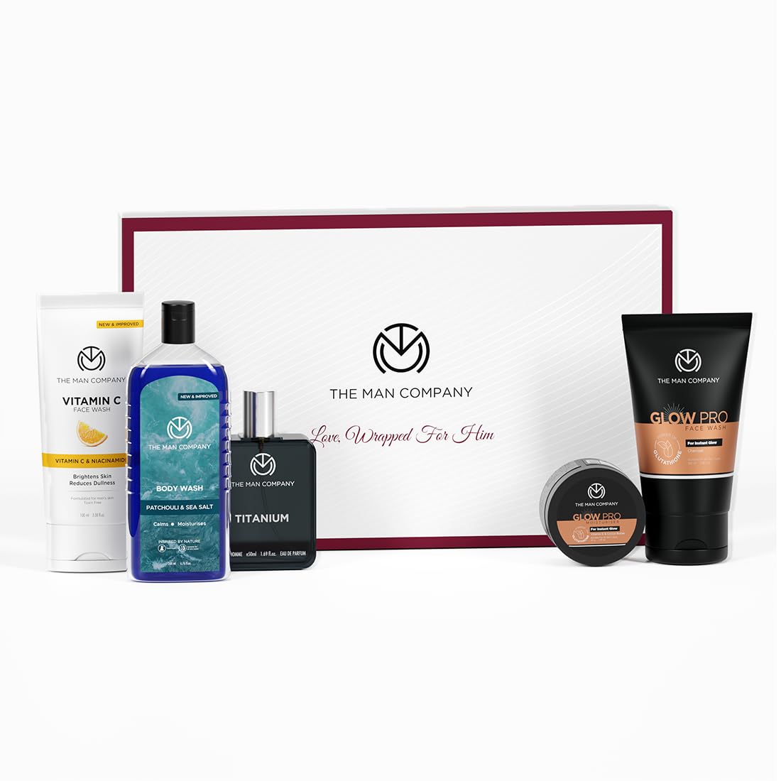 The Man Company Men's Grooming Kit - Unforgettable Him | Set of 5 | Premium Grooming Gift Set with Vitamin C Face Wash, Glow Pro Charcoal Face Wash, Patchouli &
