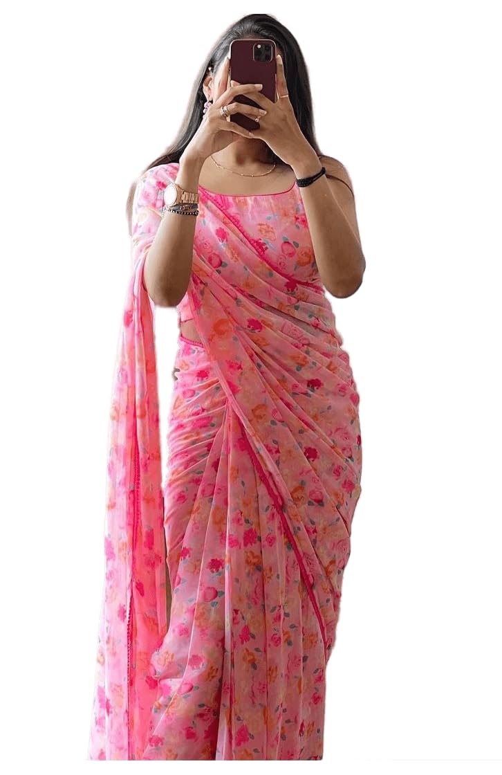 Sidhidata Women's Georgette Printed Ready To Wear one Minute Saree With Unstitched Blouse Piece (Candy_Free Size) Pink