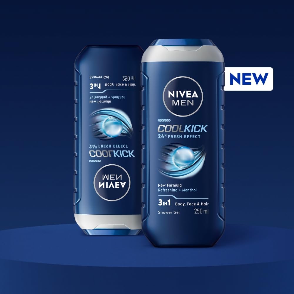 NIVEA MEN Cool Kick 250ml Body Wash| Shower Gel for Face, Body & Hair| Refreshing Icy MENthol|24 H Freshness |For All Skin & Hair Types Menthol 1 count (Pack of
