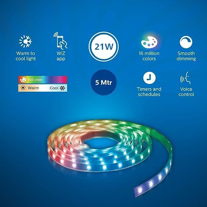 PHILIPS 5 Meter Wi-Fi Smart LED Strip Light with Music Sync, Voice Control & Dimmable Feature | Color Changing RGB Strip Light for Ceiling coves, tv | Pack of 1